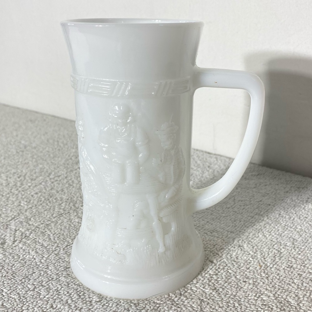 Vintage Federal Glass Milk Glass Beer Stein Mug Tavern Scene